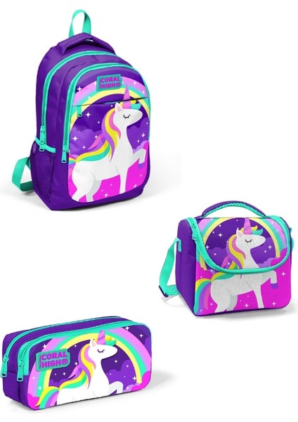 Mor Su Yeşili Unicorn Desenli 3’lü Okul Çanta Seti