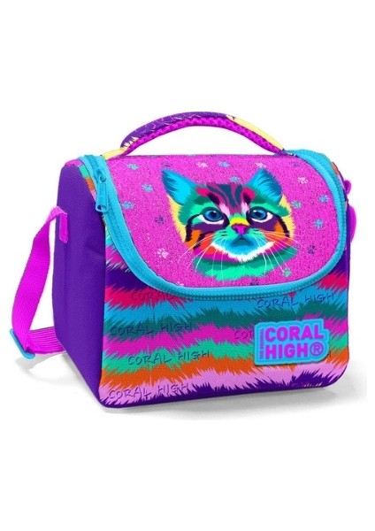 Mor Pembe Kedi Desenli Thermo Beslenme Çantası