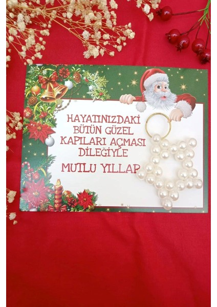 10 Adet Inci Yıldız Yılbaşı Hediyesi Anahtarlık - Noel Baba Kartlı - Kuşe Canlı Kart - Jelatinli