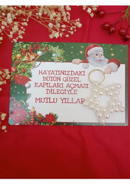 10 Adet Inci Yıldız Yılbaşı Hediyesi Anahtarlık - Noel Baba Kartlı - Kuşe Canlı Kart - Jelatinli