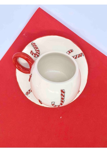 Yeni Yıla Özel Baston Şeker Kabartma Desenli Türk Kahve Fincanı, Hediye Fincan