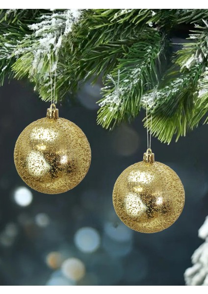 Yılbaşı Topu Kutulu Çam Ağacı Süsleri Püskürtme Desenli Gold 8 Cm 16'Lı