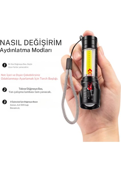 Mini Şarj Edilebilir LED El Feneri – 3 Modlu, Ayarlanabilir Zoom ve Suya Dayanıklı Hafif Tasarım!