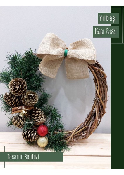 Yılbaşı Kapı Süsü ve Çelenk, Renkli Kozalak Dekor, 35cm, Noel ve Yeni Yıl Teması