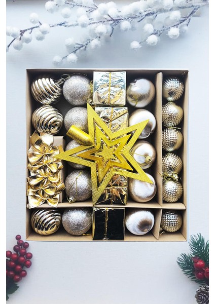 Yılbaşı Çam Ağacı Süsü 30 Parça Lüks Gold Noel Süsü