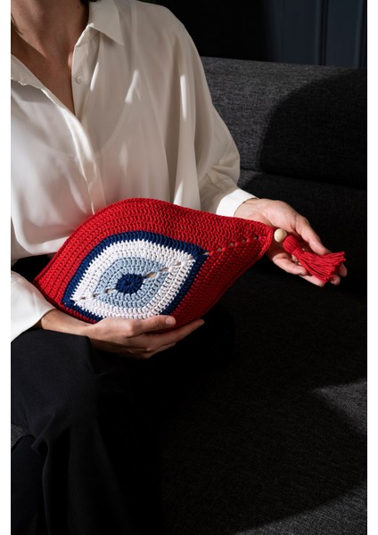 Evil Eye Göz Şeklinde Kırmızı Örgü Yastık-Dekorasyon El Örgüsü Kırmızı Göz Kırlent
