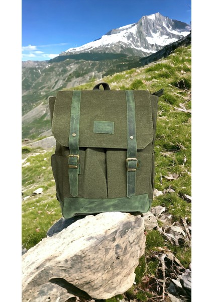 Kanvas Deri Su Geçirmez Laptop Bölmeli Gezi Okul Seyahat Kamp Sırt Çantası 29 cm x 39 cm