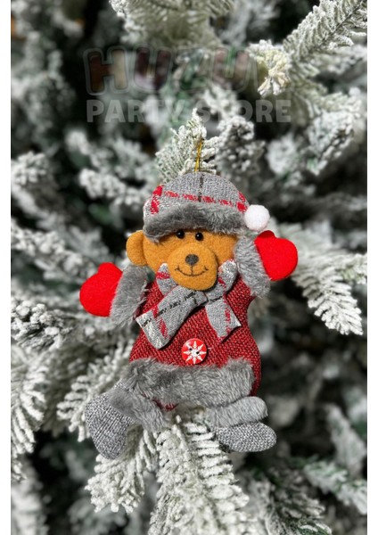 Peluş Sevimli Ayıcık Yılbaşı Ağacı Asmalık 18 cm Süs Kırmızı Gri
