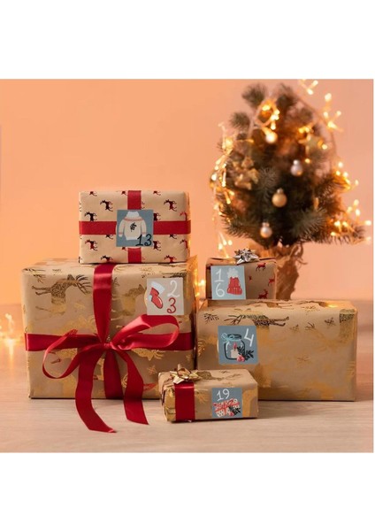 Yılbaşı Advent Takvimi Sticker Seti- 24 Adet Çıkartma Yeniyıl Hediye Paket Süsleme Etiketleri