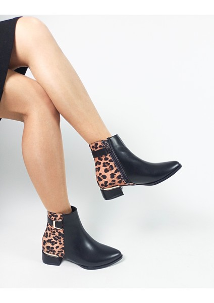 Siyah Renk Leopar Desenli Tokalı Fermuarlı Kadın Bot fiyatları