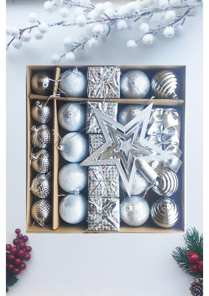 Yılbaşı Çam Ağacı Süsü 30 Parça Lüks Gümüş Noel Süsü