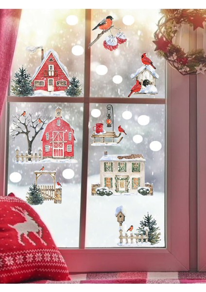 Yeni Yıl Karlı Ev Çitler ve Kardinal Kuşlu Yılbaşı Süsü Cam Duvar Sticker
