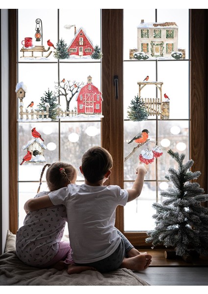 Yeni Yıl Karlı Ev Çitler ve Kardinal Kuşlu Yılbaşı Süsü Cam Duvar Sticker modelleri