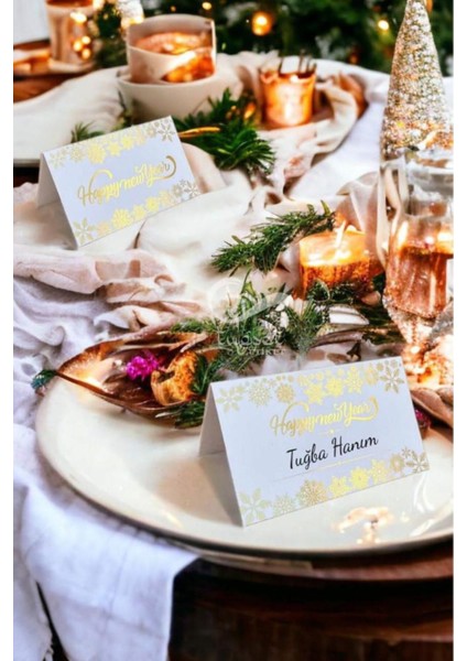 Yılbaşı Masa Isim Kartı 6 Lı Happy New Year Gold Yaldız BASKILI-T642