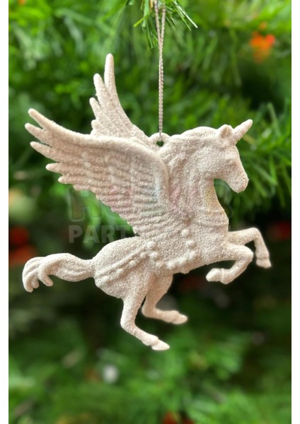 12 cm Beyaz Pegasus ve Unicorn Simli Yılbaşı Ağacı Süsü, Renk: Beyaz