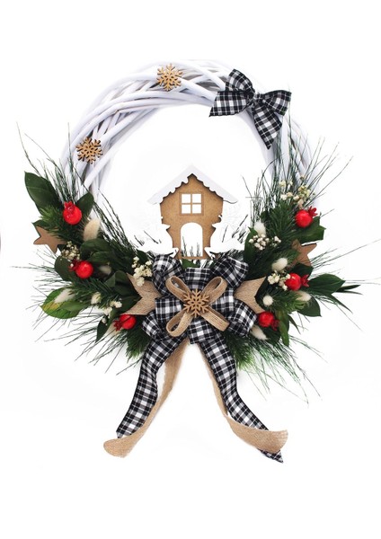 Doğal Kurutulmuş Çiçekli 2024 Yeni Yıl 35cm Kapı Çelenk Süsü Beyaz