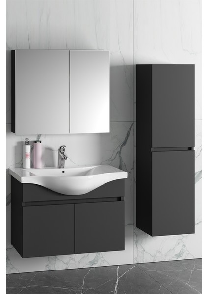Yıldız 80+35 cm Antrasit Gri Mat Mdf Seramik Lavabolu Asma Banyo Dolabı Takımı fiyatları