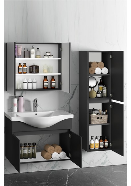 Yıldız 80+35 cm Antrasit Gri Mat Mdf Seramik Lavabolu Asma Banyo Dolabı Takımı modelleri