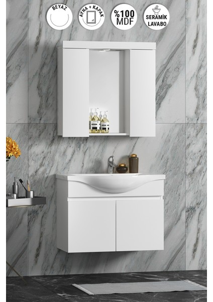 Yıldız 75 cm Beyaz Mdf Seramik Lavabolu Asma Banyo Dolabı Takımı