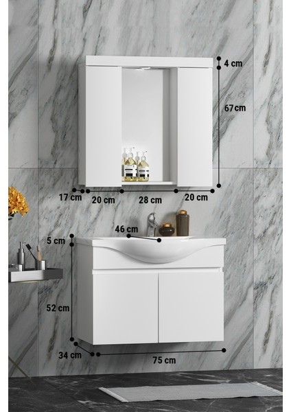Yıldız 75 cm Beyaz Mdf Seramik Lavabolu Asma Banyo Dolabı Takımı fırsatları