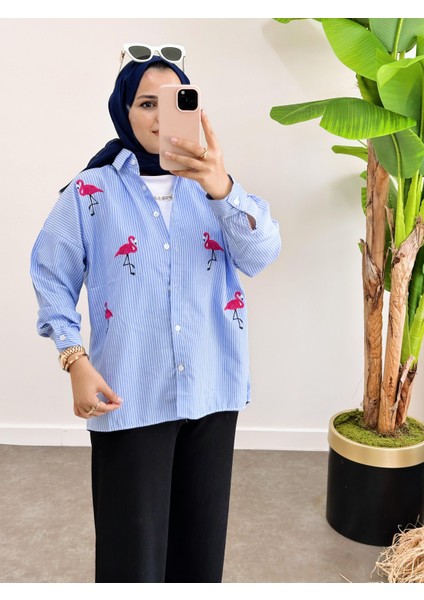 Çizgili Desen Poplin Filamingo Nakışlı Gömlek Mavi