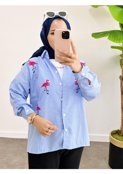 Çizgili Desen Poplin Filamingo Nakışlı Gömlek Mavi