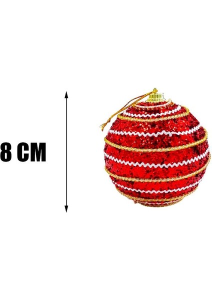 Kırmızı Altın Çizgili Simli Yılbaşı Ağaç Topu Seti, 8 cm, 3'lü Paket