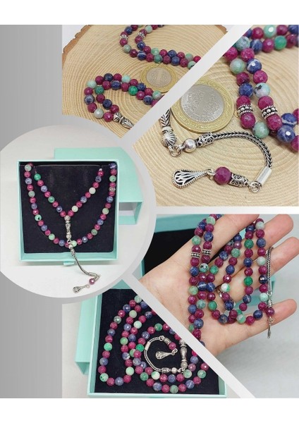 Yakut & Safir & Zümrüt Taşı Faset Kesim 99LUK Tesbih 6mm 925 Ayar Gümüş Malzeme