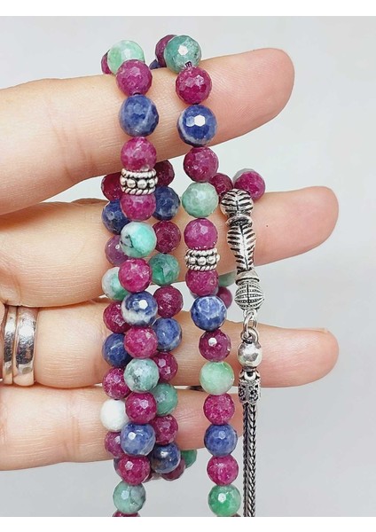 Yakut & Safir & Zümrüt Taşı Faset Kesim 99LUK Tesbih 6mm 925 Ayar Gümüş Malzeme
