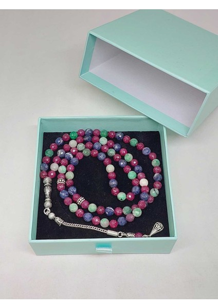 Yakut & Safir & Zümrüt Taşı Faset Kesim 99LUK Tesbih 6mm 925 Ayar Gümüş Malzeme