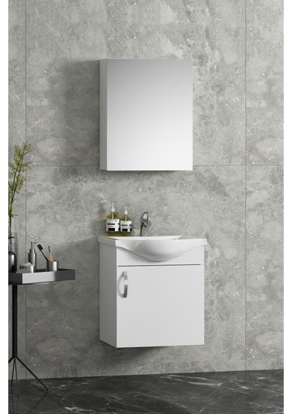 Yıldız Asma 45 cm Beyaz Mdf Seramik Lavabolu Asma Banyo Dolabı Takımı modelleri