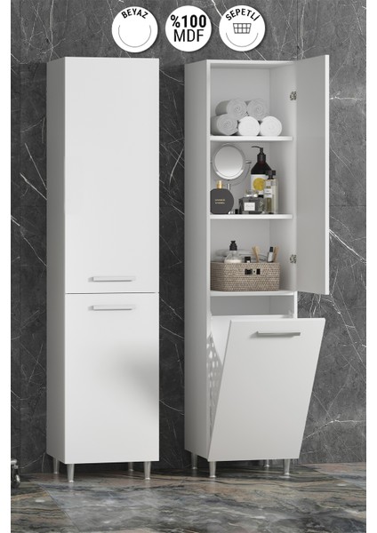 35*167 cm Beyaz Mdf Ayaklı Sepetli Banyo Boy Dolabı