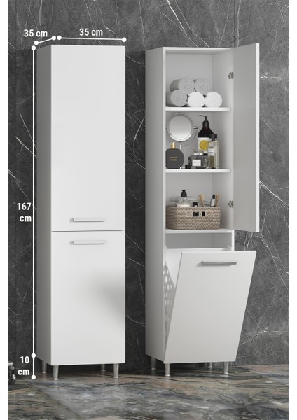 35*167 cm Beyaz Mdf Ayaklı Sepetli Banyo Boy Dolabı modelleri