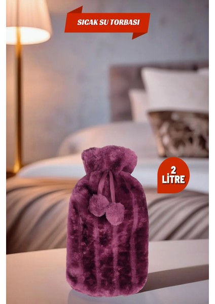 2 Litre Ponponlu Yumuşak Peluş Sıcak Su Torbası Mor