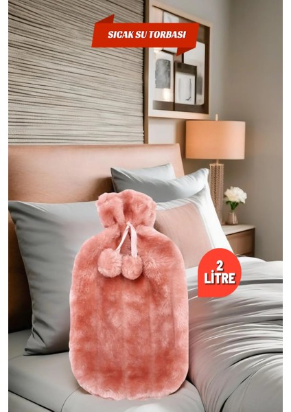 2 Litre Ponponlu Yumuşak Peluş Sıcak Su Torbası Pembe