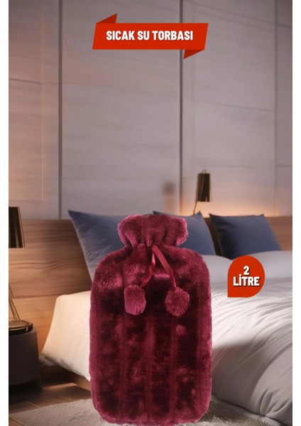 2 Litre Ponponlu Yumuşak Peluş Sıcak Su Torbası Fuşya