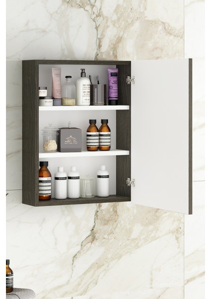 Yıldız 45 cm Antrasit Gri Mat Mdf Aynalı Asma Banyo Üst Dolabı modelleri