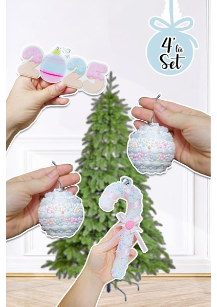 Renkli Yılbaşı Ağacı Süsleri Seti, Makaron Top ve Baston, 4'lü Paket, Şık ve Eğlenceli