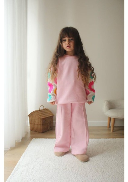 Pembe Kollar Örgü Çiçek Desenli Eşofman-Sweatshirt 3 Iplik Şardonlu Kışlık Kız Çocuk Takım