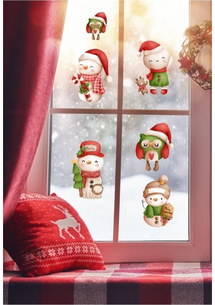 Yılbaşı Süsleme Suluboya Kardan Adam Noel Desenli Dekoratif Cam Duvar Sticker