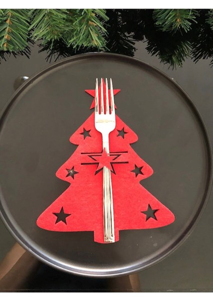 6 Adet Dekoratif Çam Ağacı Kaşıklık Kırmızı Yılbaşı Süsü Sofra Dekoru Kırmızı Yılbaşı Masa Dekor