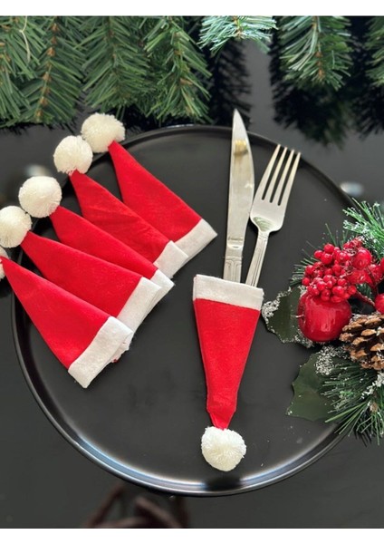 Yılbaşı Masa Dekor Süsü-Noel Şapka Çatal Kaşıklık 6 Adet
