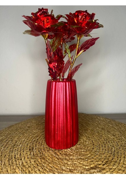 Kırmızı Vazo, Dekoratif Vazo, Kuru Çiçek Vazo, Bohem Büyük Boy Çizgili Vazo