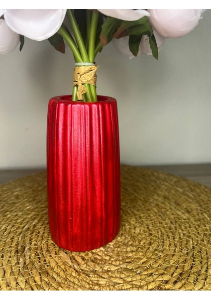 Kırmızı Vazo, Dekoratif Vazo, Kuru Çiçek Vazo, Bohem Büyük Boy Çizgili Vazo indirimleri