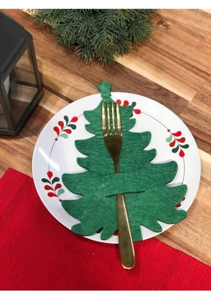 Yeşil 6 Adet Dekoratif Çam Ağacı Kaşıklık - Yılbaşı Dekor