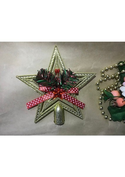 Yılbaşı Çam Ağacı Yıldız Tepelik Fiyonklu Gold 1 Adet 13 cm Plastik 9852362108520