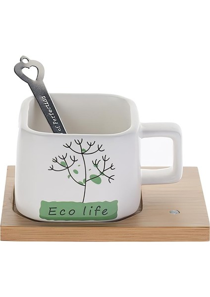 Hayat Ağacı Desenli Mıknatıslı Bambu Stantlı Gerçek Seramik Kahve Kupası Fincan Seti Kupa Mug 200 ml