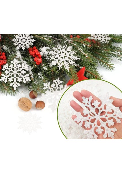 Parlak simli kar tanesi süsleri, 12'li, 8x8 cm, yılbaşı dekorasyonu için ideal, Beyaz