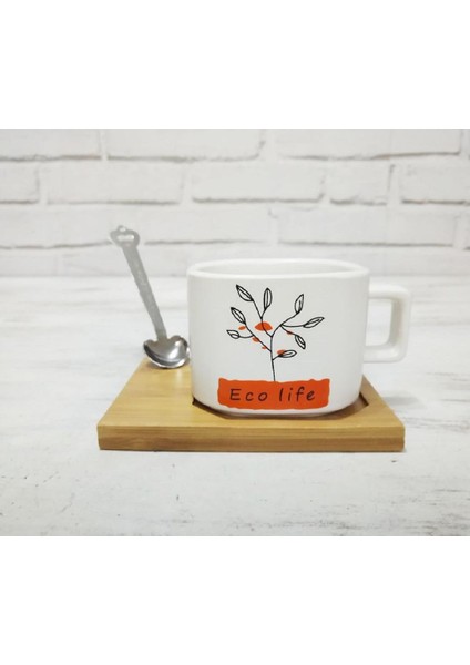 Hayat Ağacı Desenli Mıknatıslı Bambu Stantlı Gerçek Seramik Kahve Kupası Fincan Seti Kupa Mug 200 ml