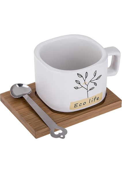 Hayat Ağacı Desenli Mıknatıslı Bambu Stantlı Gerçek Seramik Kahve Kupası Fincan Seti Kupa Mug 200 ml